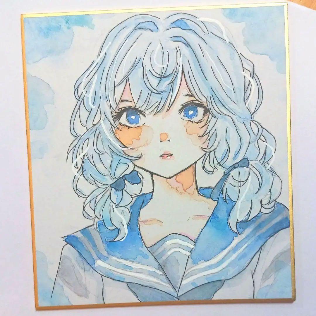 水彩画 少女 イラスト 色紙 水色 雨（Sample手描きイラスト