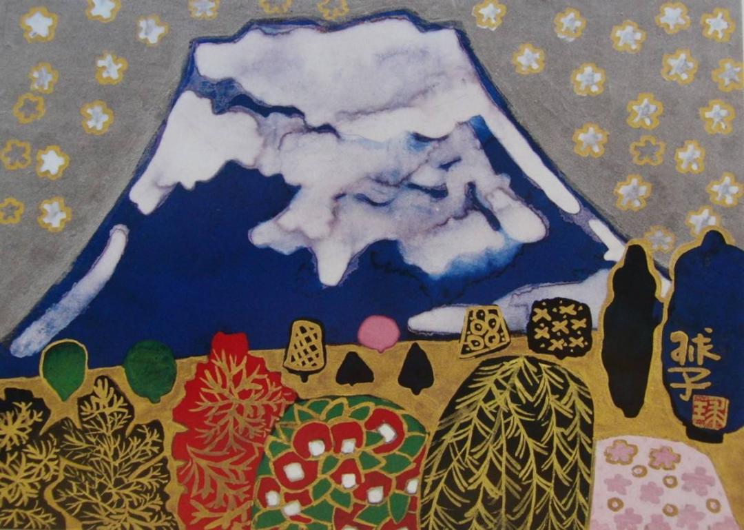 片岡 球子、【富士に花咲く】、大判、超希少画集・額装画、状態良好 片岡 球子、【桜咲く富士】、大判、超希少画集・額装画、状態