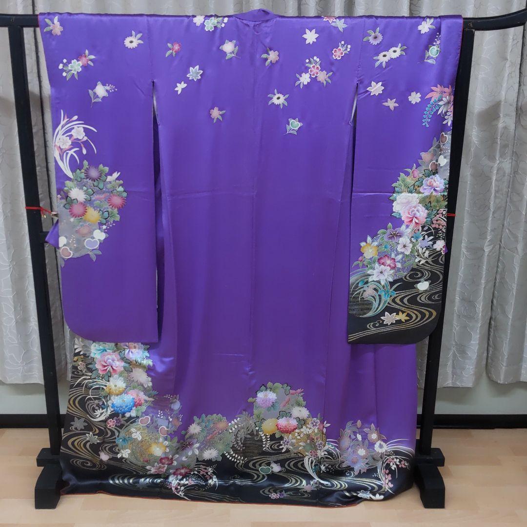 (あ862)アンティーク大振袖㊗️紫に金の幾何学模様 総刺繍✨️③点セット 振袖、踊り衣装、薄紫に刺繍金箔花柄、美品振袖 （成人式に向け