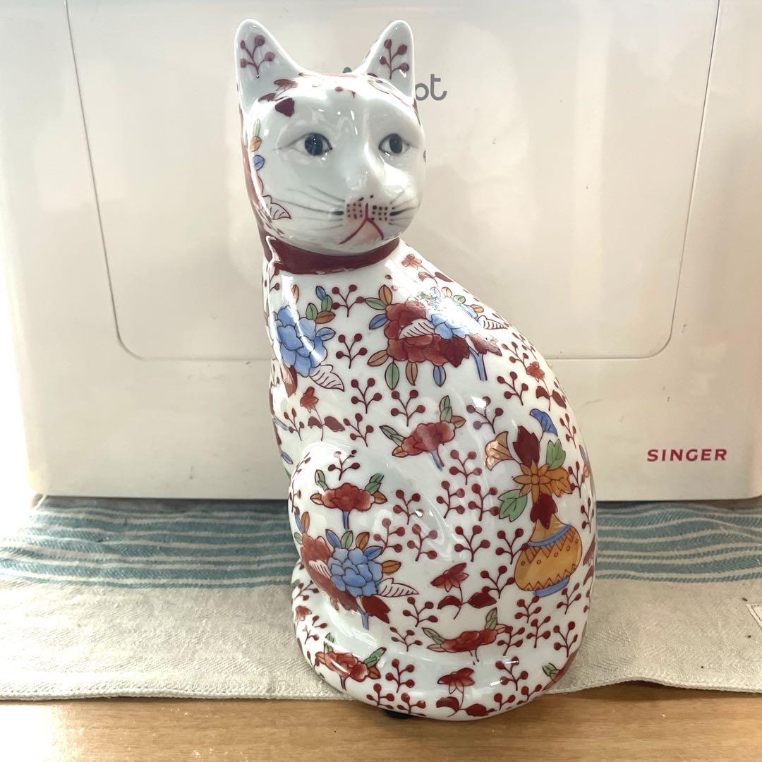 見返り猫 赤絵 色染付 陶器 置物 工芸品 美品！招き猫（民芸