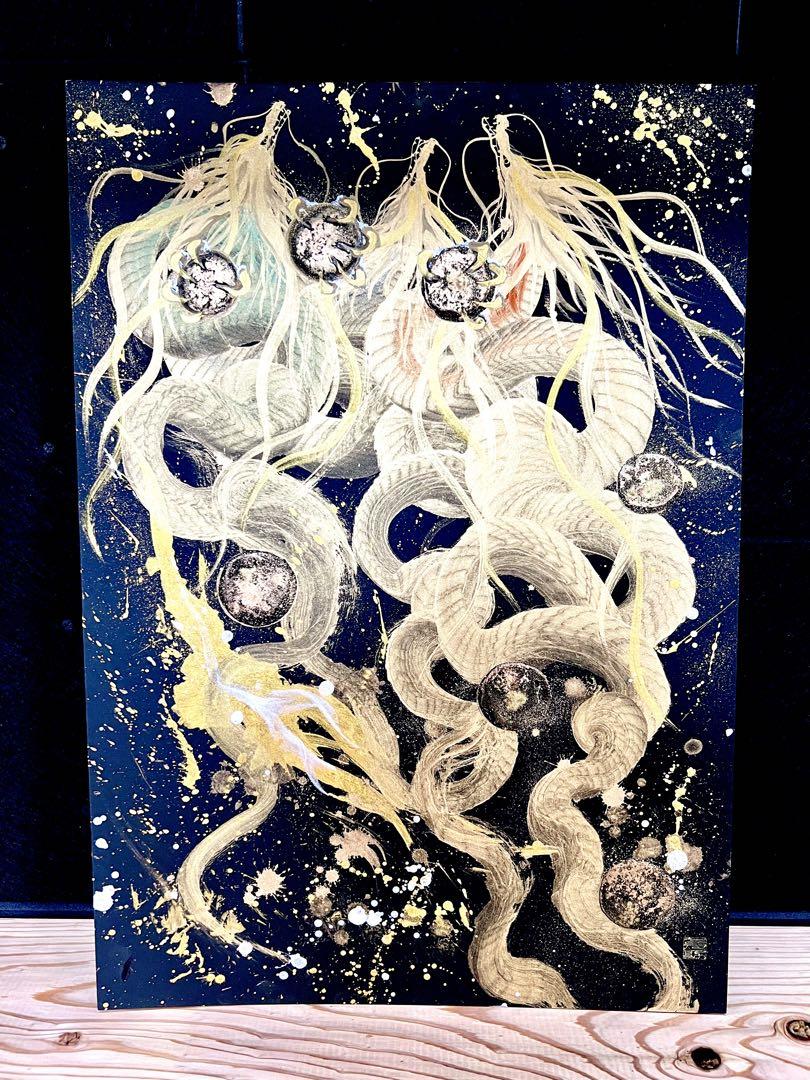 A2サイズ特大　【三柱龍神】　開運　置物　龍　絵画　一筆龍　隕石 一筆龍【龍王】超特大サイズ 大開運 アート 風水 龍 龍神 - 隕石