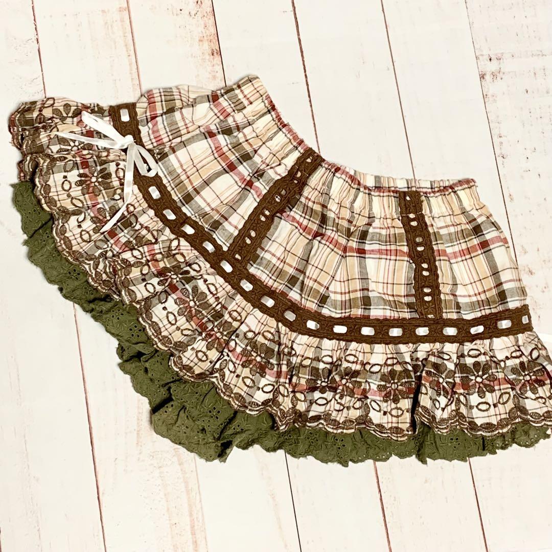 リズリサ　チェック　スカパン　キュロット　はしごレース　刺繍　美品 はしごリボンチェックティアードスカパン ｜ LIZ LISA（リズリサ