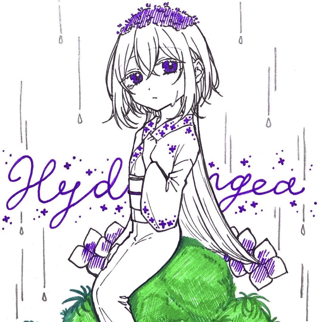 手描きイラスト オリジナル 創作 原画 ポストカード 紫陽花 梅雨