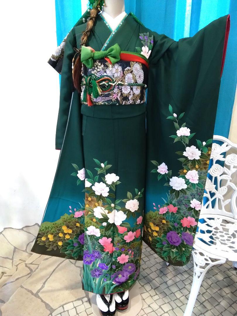 振袖フルセット、正絹振袖セット、重ね衿、帯揚げ帯締め、西陣袋帯、襦袢、落款あり⑫ 振袖フルセット、正絹成人式、重ね衿帯揚げ帯締め、西陣袋帯