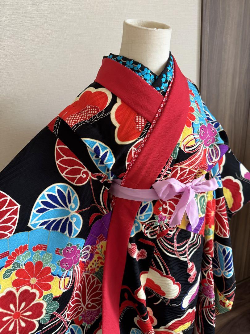 七五三に★ジャパンスタイル　七歳着物セット　黒地に扇、松、葵　舞妓風 七五三に☆ジャパンスタイル 着物のみ 黒地に扇、松、葵 舞妓風