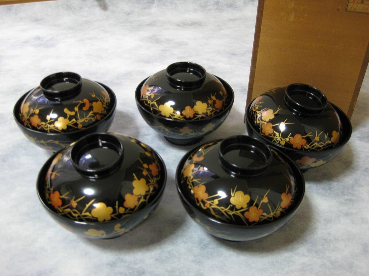 特産布着請合輪島漆器5客組堅牢美術輪島塗吸物椀汁椀蓋付き黒色
