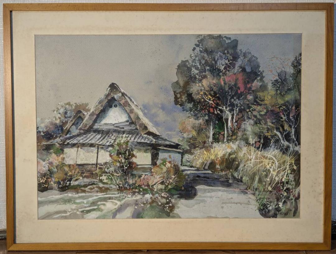【真作】絵画　水彩　秋の郷愁　茅葺き屋根と彩り豊かな風景画　四季の彩り　V35 真作】絵画 水彩 秋の郷愁 茅葺き屋根と彩り豊かな風景画 四季の