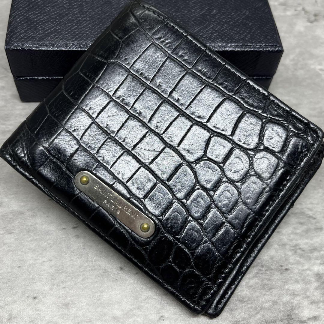 極美品✨イヴサンローラン 二つ折り 財布 クロコ 銀ロゴ レザー