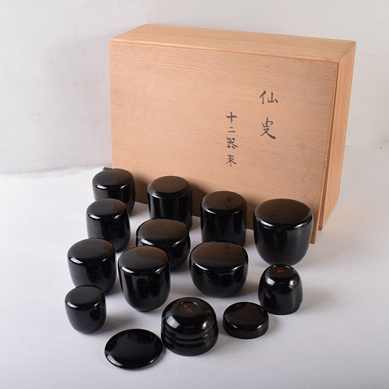 茶道具　黒漆　十二器棗　仙叟　時代箱　F　R8089C 茶道具 黒漆 十二器棗 仙叟 時代箱 F R8089C （茶道具】 中棗 黒
