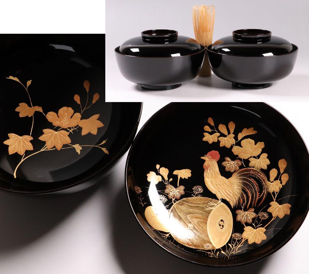 CL72 加賀蒔絵 貝合わせ蒔絵 黒塗椀 二客 蛤 桜 本金 梨地 木製漆器