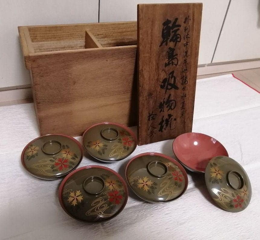 作家物 輪島 吸物椀 草花 観世水 五客 金蒔絵 木箱 茶道 懐石
