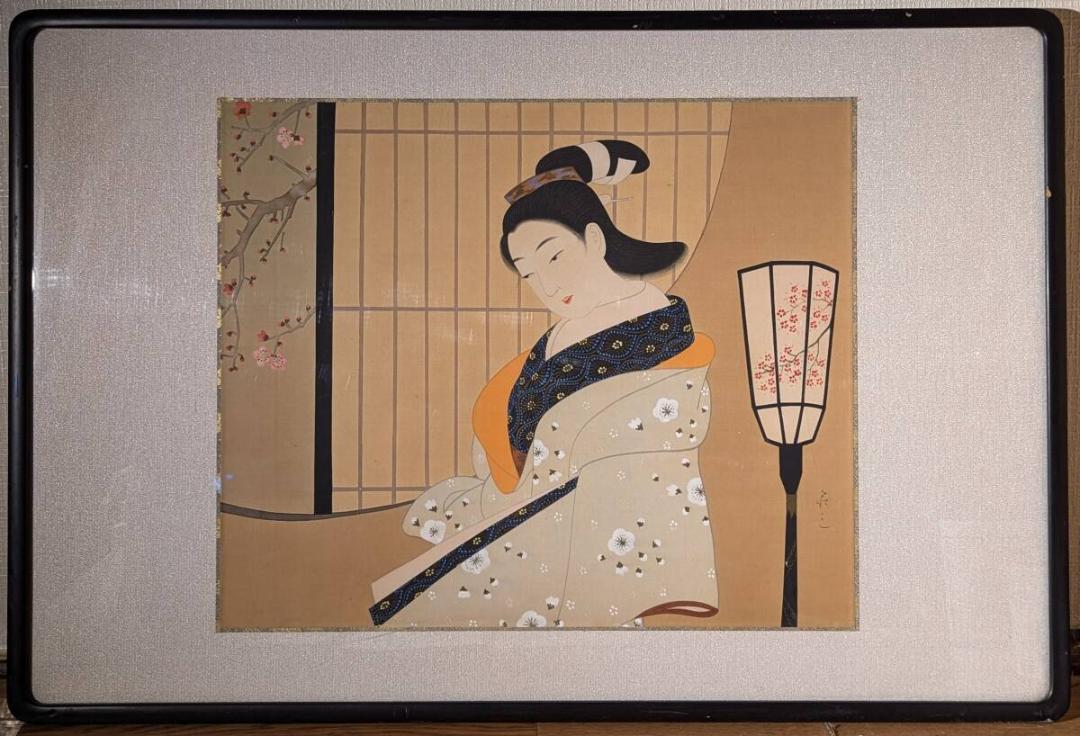 真作】絵画 日本画 美人画 和装の女性と情緒あふれる灯籠の情景