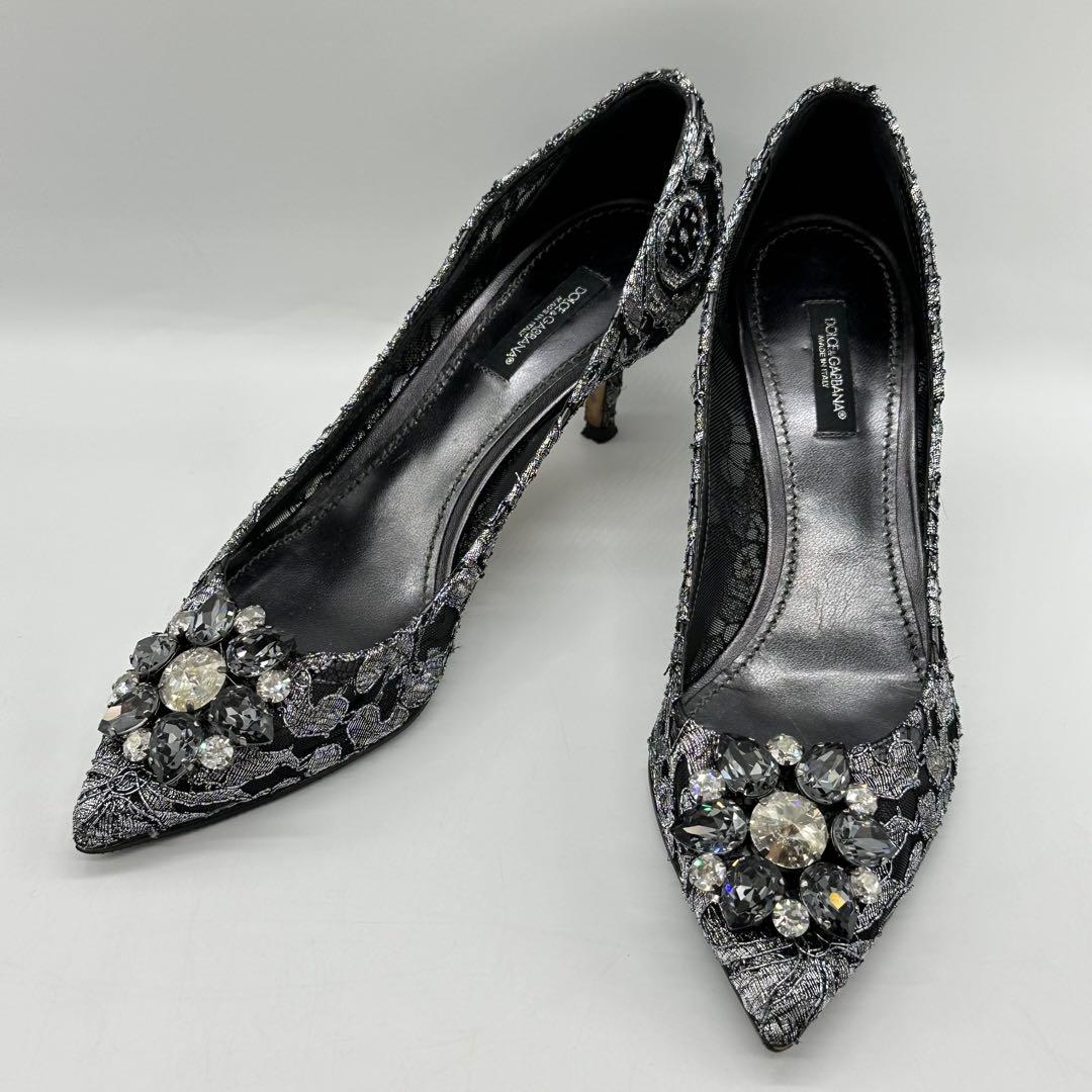 DOLCE&GABBANA パンプス レース ビジュー ブラック 37サイズ ドルチェ&ガッバーナDOLCE&GABBANA ビジュー装飾レースパンプス