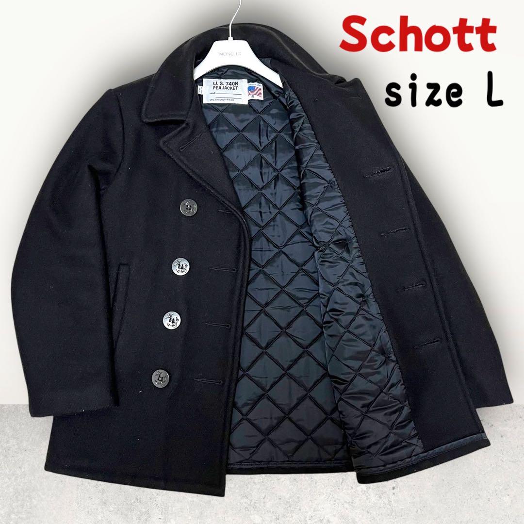 美品✨ショット ピーコート 裏地キルティング (42)XL相当 ウール 人気の黒 美品/USA製 Schott ショット ピーコート 裏地キルティング L 黒