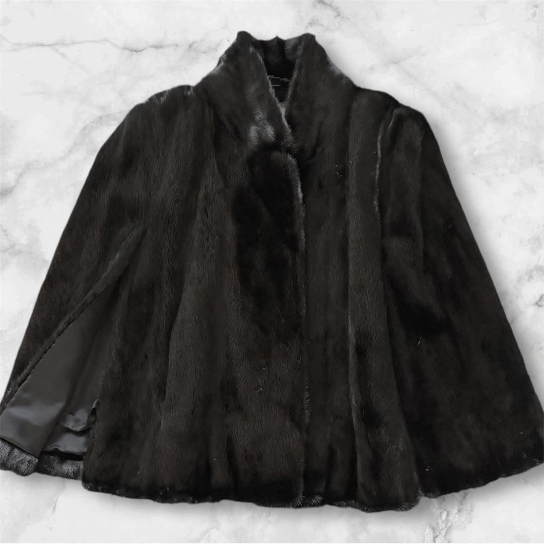 【未使用級】　SAGA MINK　スカラップ　ポンチョ　マント　羽織 美品☆SAGA MINK サガミンク ポンチョ ケープコート ブラック