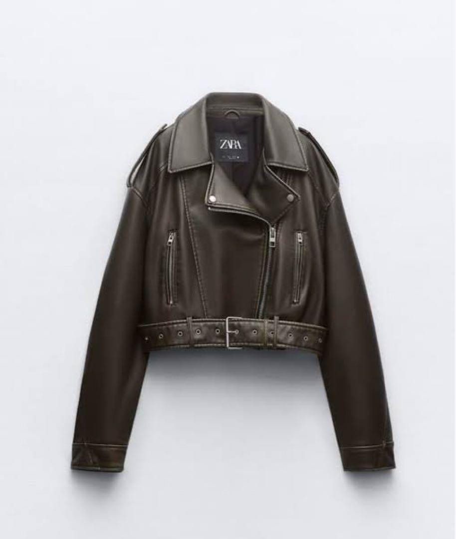 ZARA ブラック クロップドライダースジャケット Sサイズ ☆ZARAザラ本革 オーバーサイズ レザーライダースジャケット