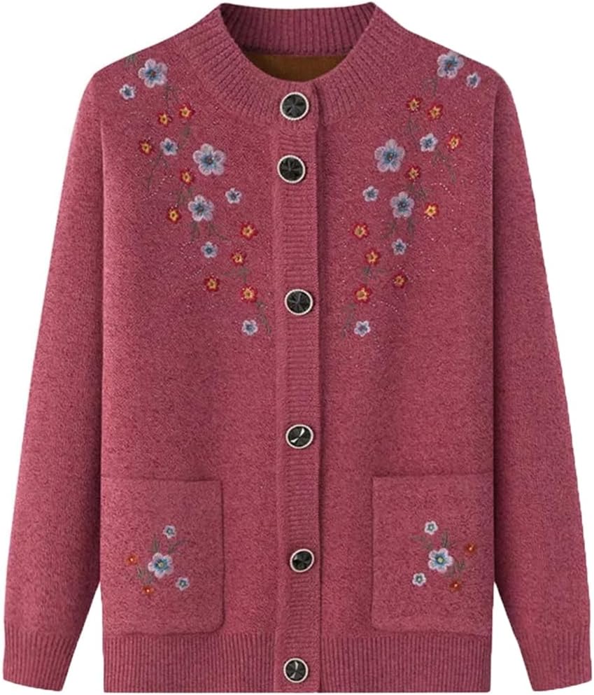 ニット カーディガン ジャケット アウター 高齢者 お母さん スウェット レディース 花柄 刺繍 開襟 セーター コート 秋冬 保温 レディース ベスト 高齢者 ニット カーディガン 刺繍 花柄
