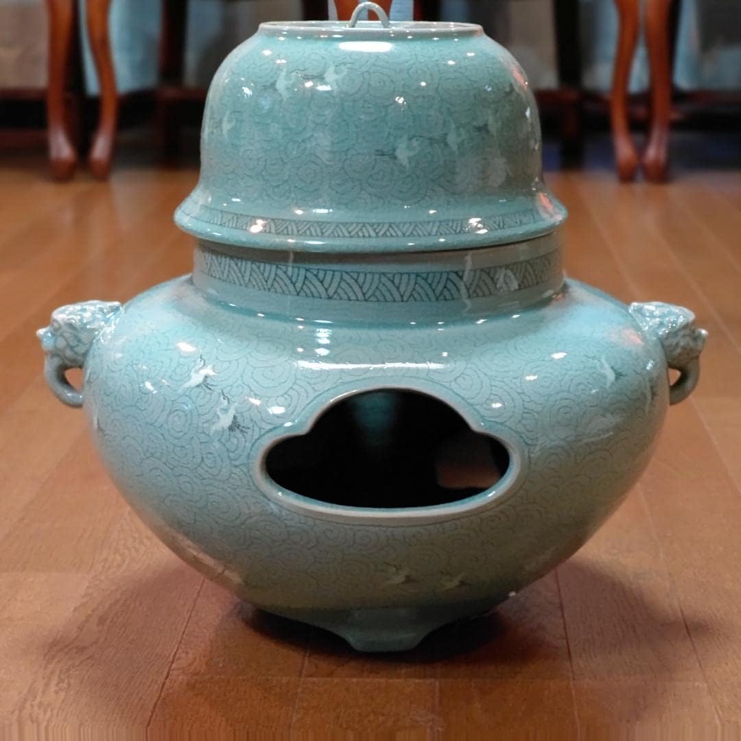 茶道具 茶釜 炉 韓国 人間国宝 扑世琦作 高麗青磁 鶴雲炉茶釜