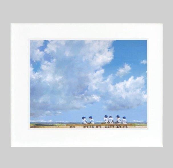 櫻井幸雄　額縁付き複製画　少年野球「遠投」リトルリーグ　桜井幸雄 櫻井幸雄 絵画 『出番のないベンチ』シンノスケの散歩道 野球