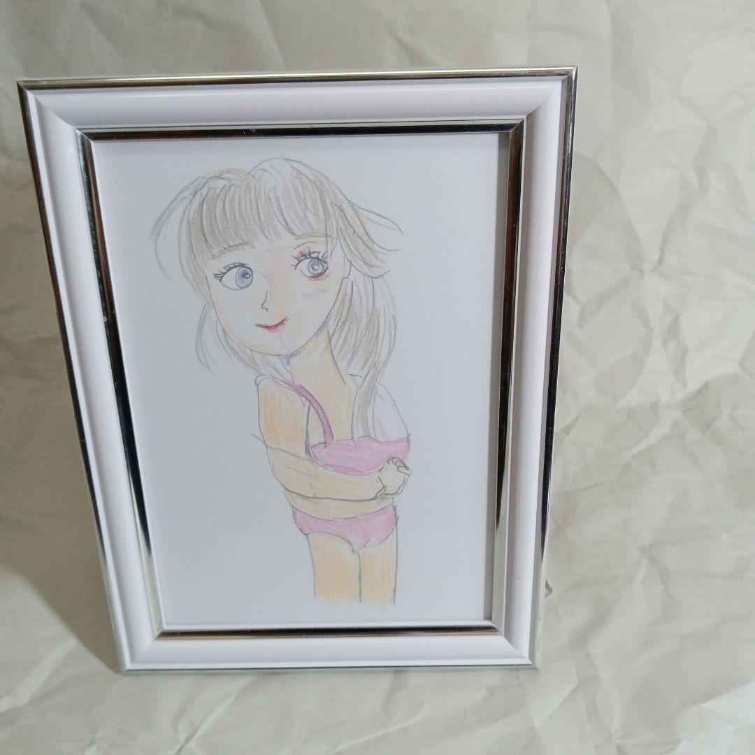 ピンク水着の美人キャラクター色鉛筆画 はね上がっ