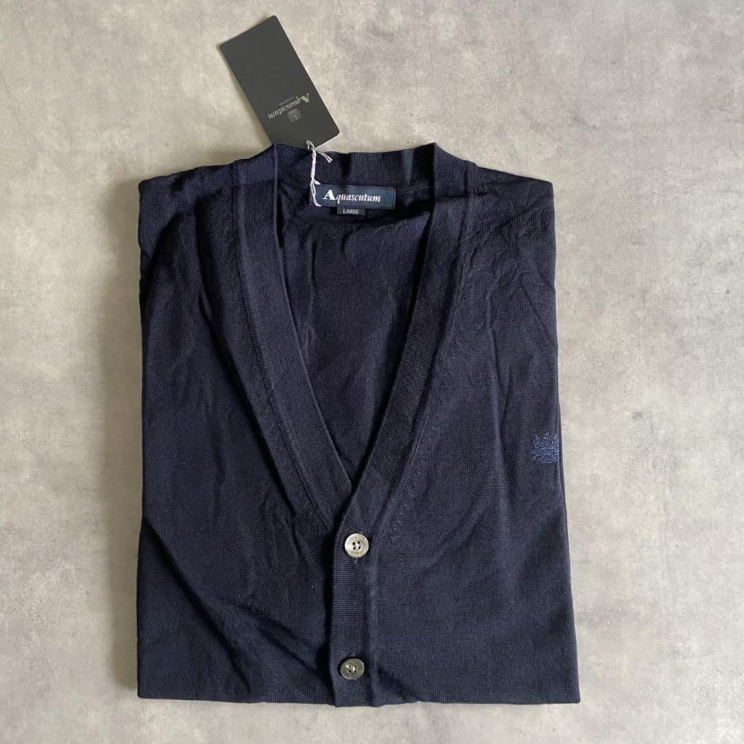 【新品】Aquascutum カーディガン 紺色 ロゴボタン 綿 L AR52 新品】Aquascutum カーディガン 紺色 ロゴボタン 綿 L AR52