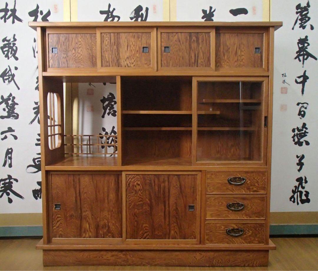 昭和レトロ アンティーク 天然木 茶箪笥 茶棚 飾り棚 （ガラス扉
