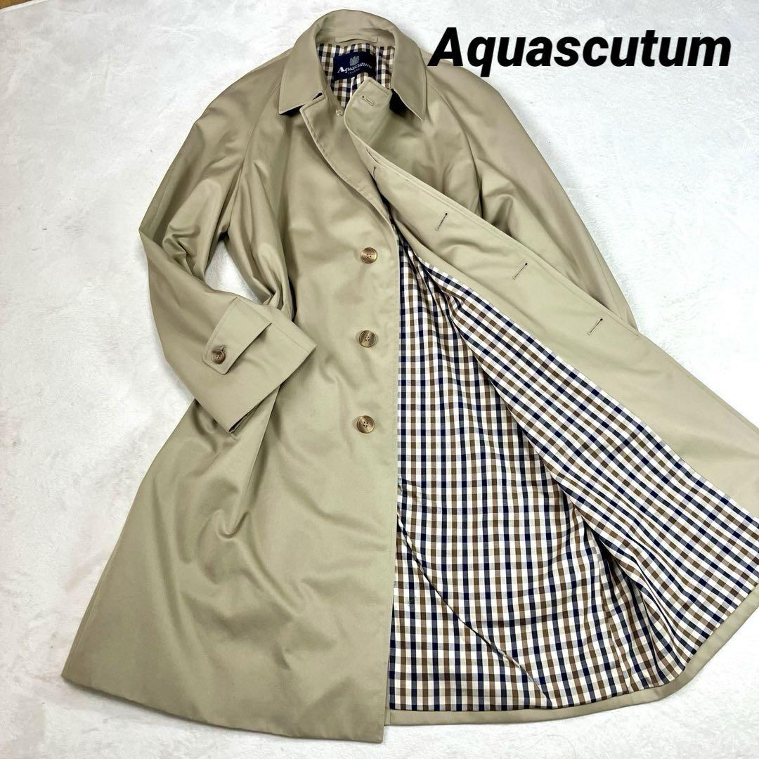 アクアスキュータム　ステンカラーコート　ロング　ハウスチェック柄　大きめゆったり AQUA SCUTUM - アクアスキュータム ステンカラーコート ロング丈