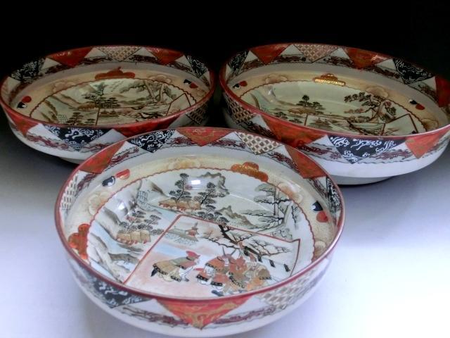 韓国 ファッション通販 鉢□古九谷製赤絵窓武者図三つ鉢(江戸後期～明治期)大鉢 三 武士 工芸品