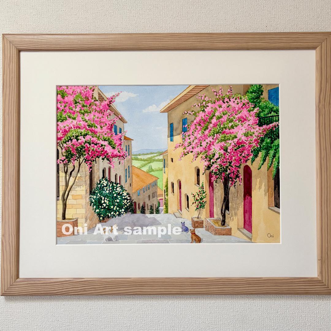 透明水彩画 原画 「花の咲く路地08」額縁付 B3サイズ 風景画