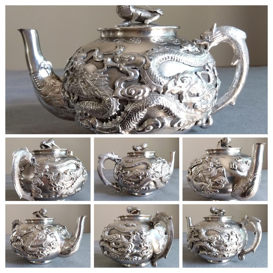 北京工芸品公司　銀製伝統雲龍紋唐獅子摘酒器　288gram高110長175mm 北京工芸品公司 銀製伝統雲龍紋唐獅子摘酒器 288gram高110長