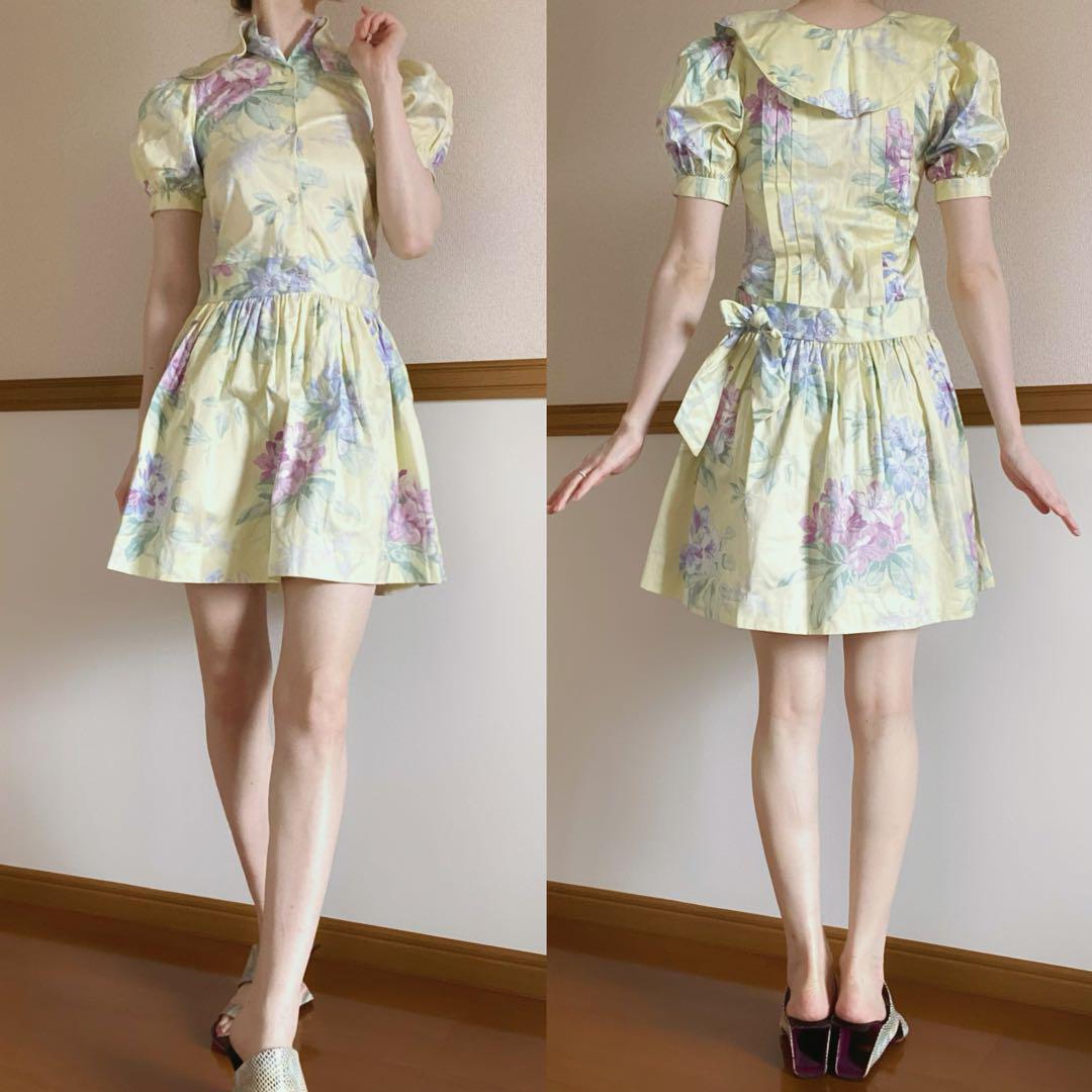 希少　フレンチヴィンテージ　レトロ　フラワー　パフスリーブ　ミニドレスワンピース 希少 フレンチヴィンテージ レトロ フラワー パフスリーブ ミニ