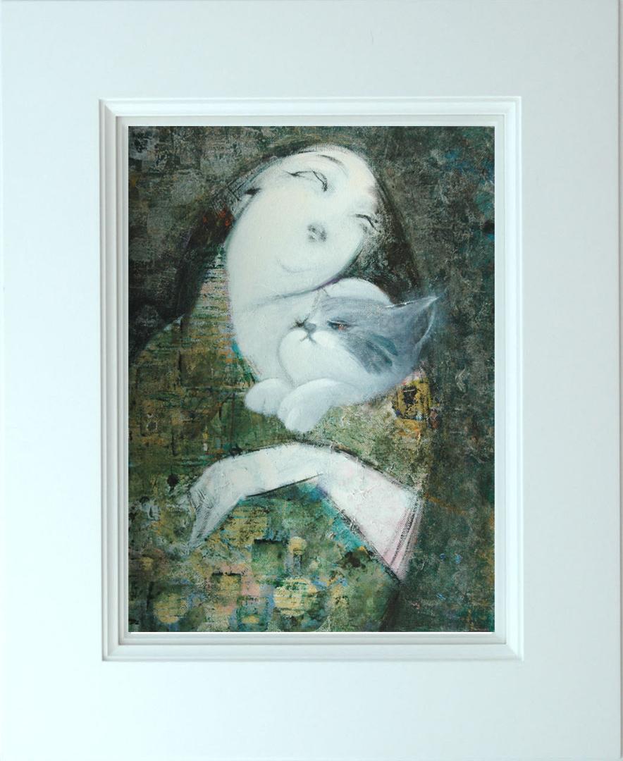 絵画 額付 ( 白 ) 油絵 F4-030719 祈り 可愛い子猫（猫 絵画 白