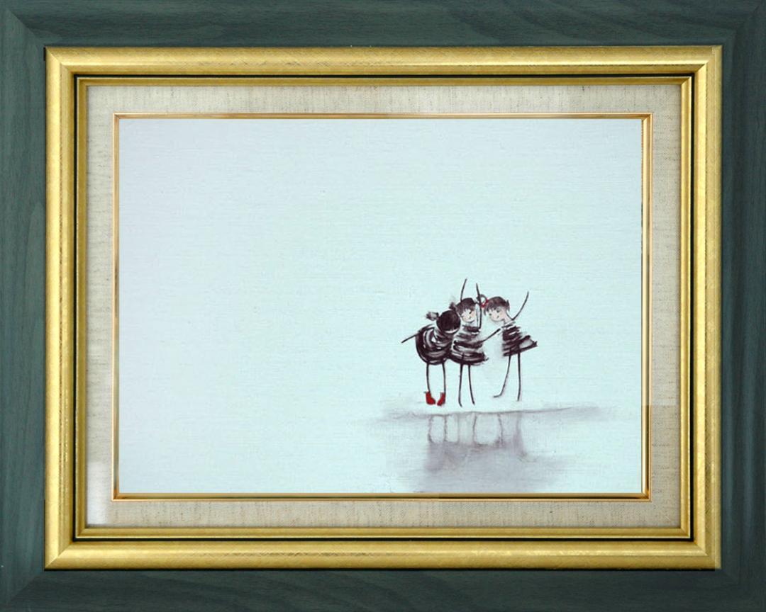 絵画 絵 額付( 青緑＋金色の枠) 油絵 F4-081514 子供たち 影遊び