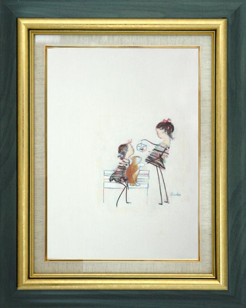 絵画　額付( 青緑＋金色の枠 ) 油絵 uF6-050220　かわいい子犬 bc91005d9477758c53d812cc47fa9b