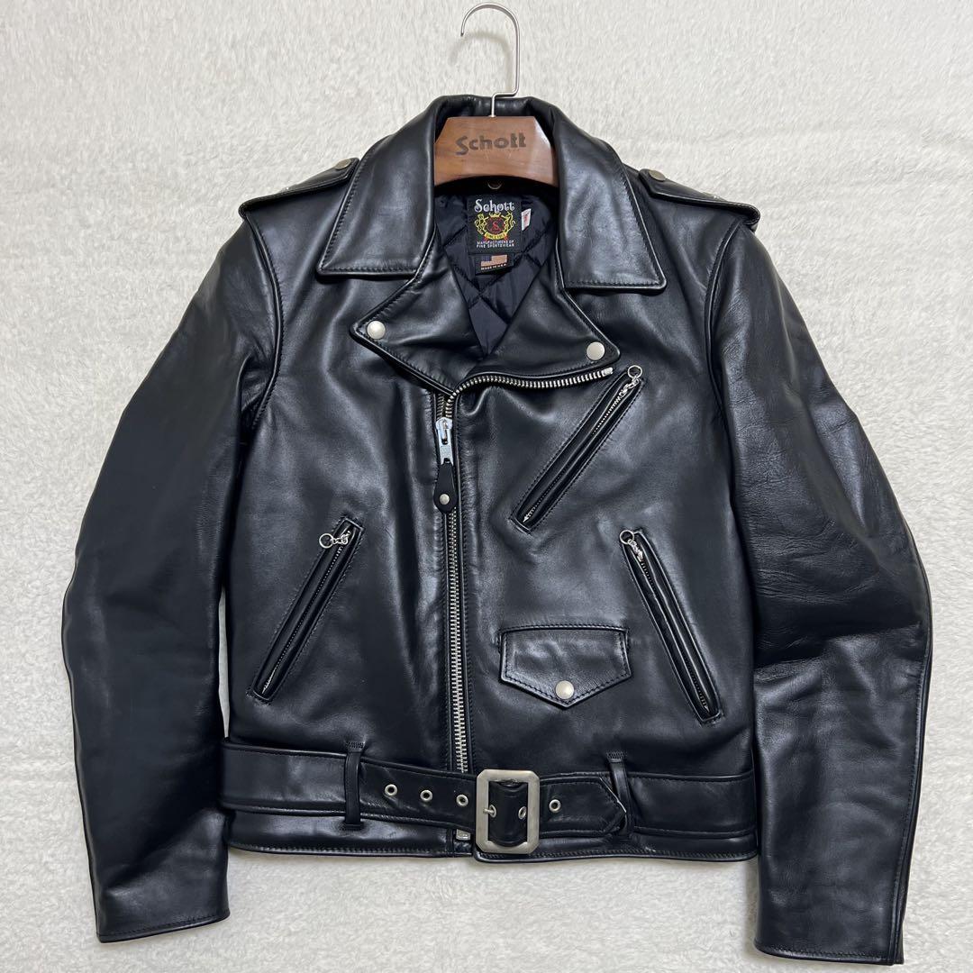 Schott ダブル ライダース レザー ジャケット 36 ブラック ショット 極美品】ショット ワンスター ダブルライダースジャケット 黒 36