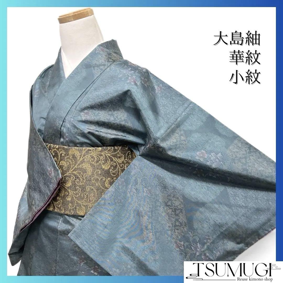 小紋 大島紬 華紋 唐花 亀甲 ブルー くすみカラー 着物 053a d