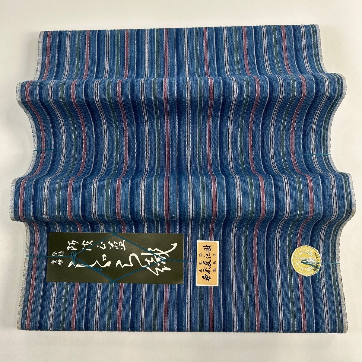 反物 秀品 小紋 しじら織 阿波正藍 証紙 縞 青灰色 綿 【中古