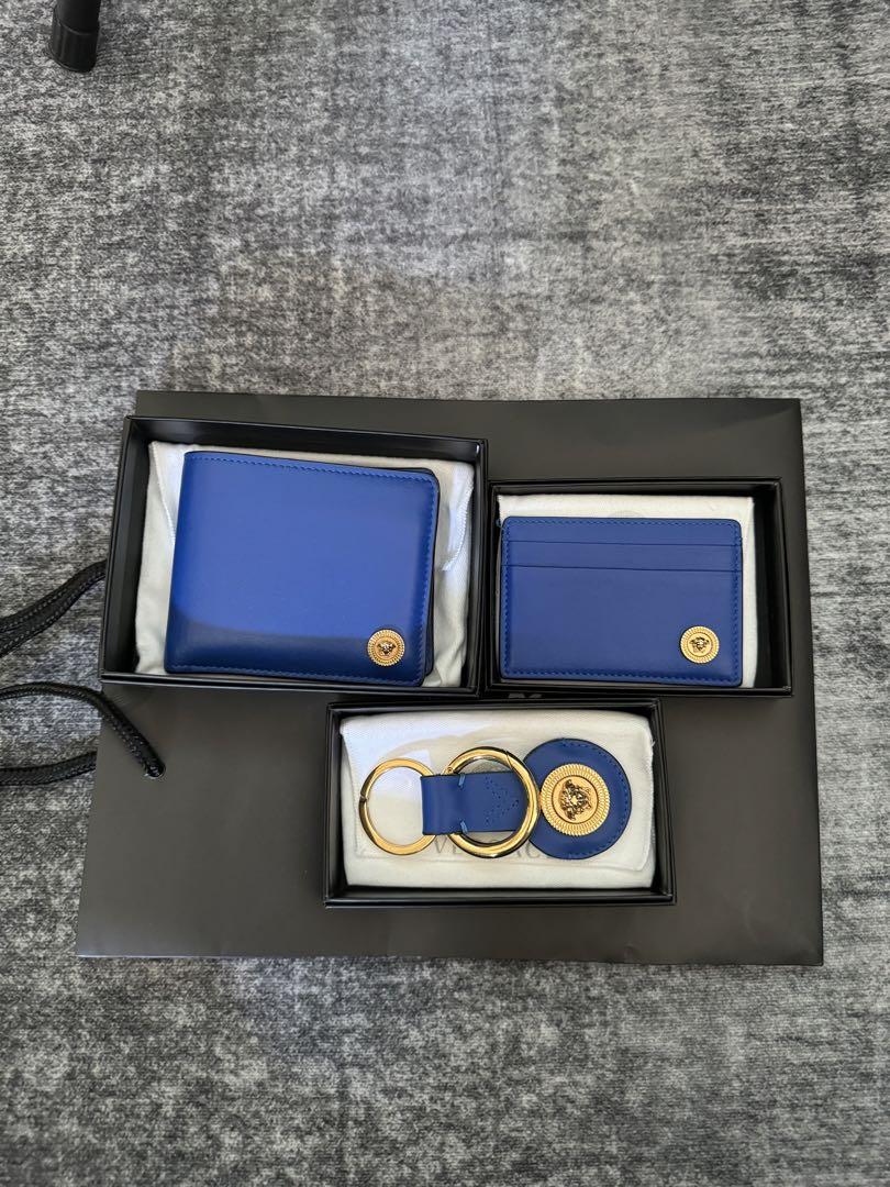 Versace ブルー レザー 財布 キーケース カードケース セット Versace ブルー レザー 財布 突き当たり キーケース カード