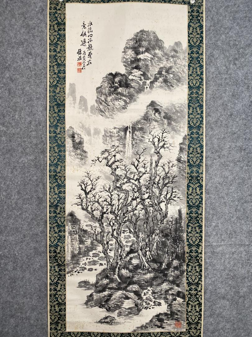 稲垣錦荘 寒渓疎林図 共箱 帝展 山本梅荘 橋本関雪師事 日本南画院同人 掛軸 稲垣錦荘 寒渓疎林図 共箱 帝展 山本梅荘 橋本関雪師事 日本南