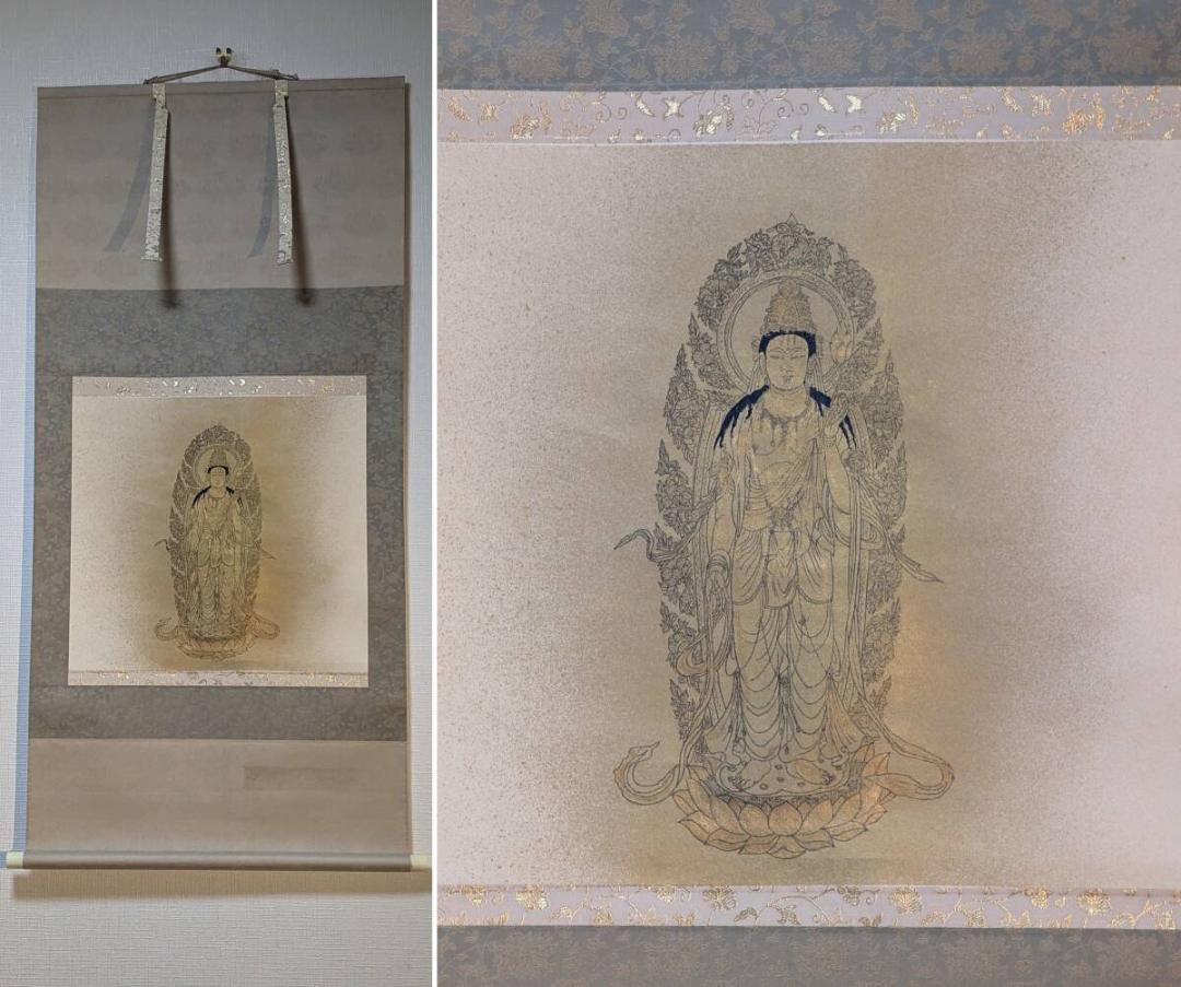 真作】掛軸 仏画 無落款 優美な観音菩薩像 伝統的な和風美術品