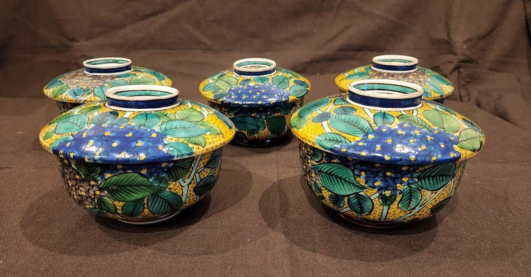 色絵 陶磁器 九谷 角福 銘器 紫陽花紋 蓋付碗 5客 紫陽花 五客 蓋付 蓋物 色絵 陶磁器 九谷 角福 銘器 紫陽花紋 蓋付碗 5客 紫陽花 五客