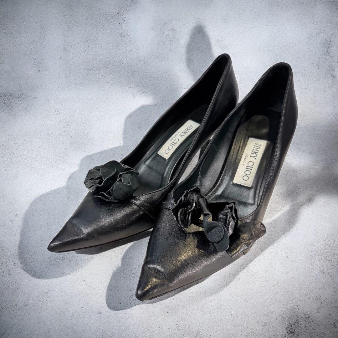 良品】JIMMY CHOO パンプス （38）革靴 花装飾 フラワー 黒 本革