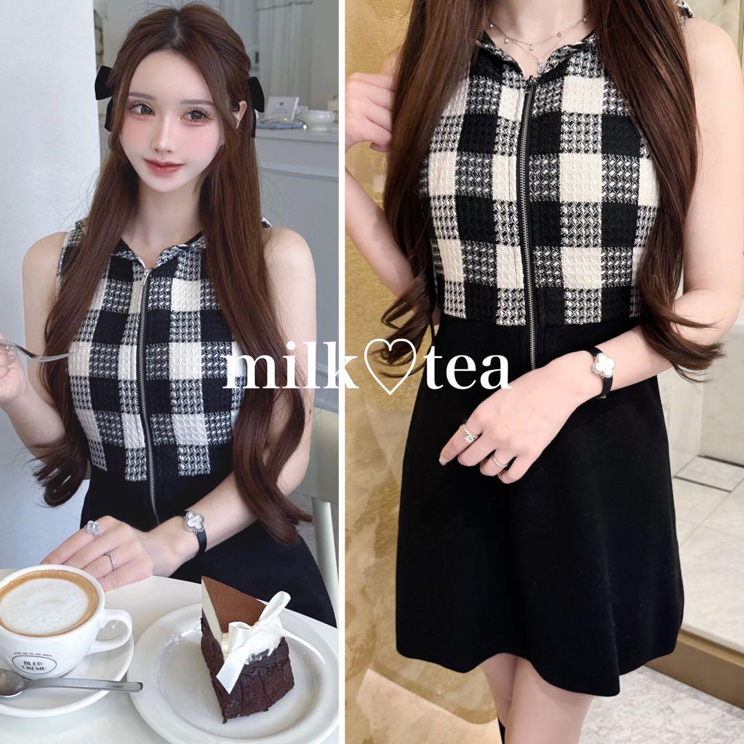 新品 ルミニョン Candy check panel zip dress（TINY RIBBON