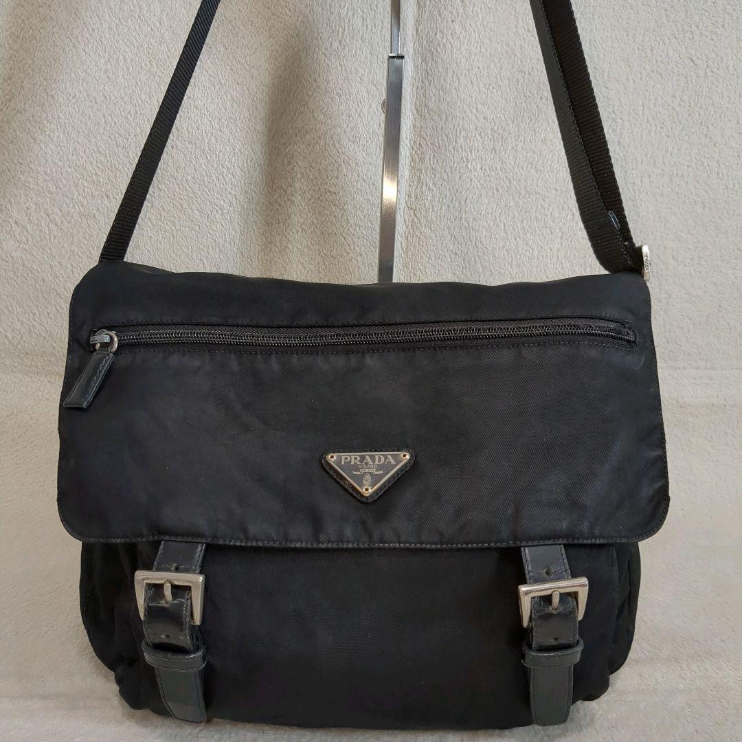 PRADA メッセンジャーバッグ ブラック 三角ロゴ レザー テスートナイロン PRADA メッセンジャーバッグ ブラック 三角ロゴ レザー テスート