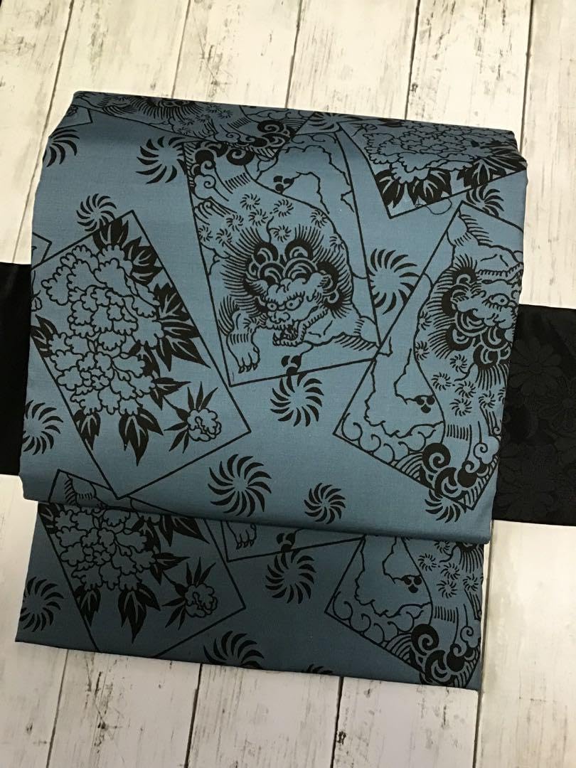 作り帯 獅子（作り帯二部式・蝶文庫】六通柄袋帯 銀糸 織出し