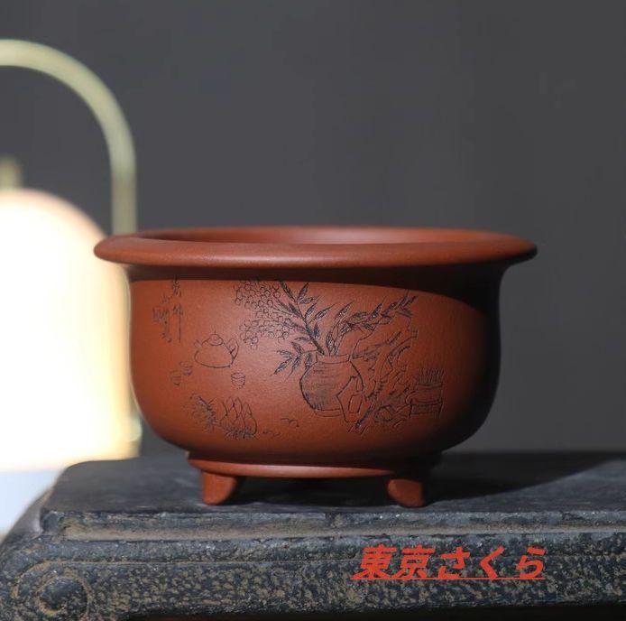 清宮図を刻絵紫砂の鉢  盆栽鉢  植木鉢 小品盆栽鉢 大品盆栽鉢 清宮図を刻絵紫砂の鉢 盆栽鉢 植木鉢 小品盆栽鉢 大品盆栽鉢