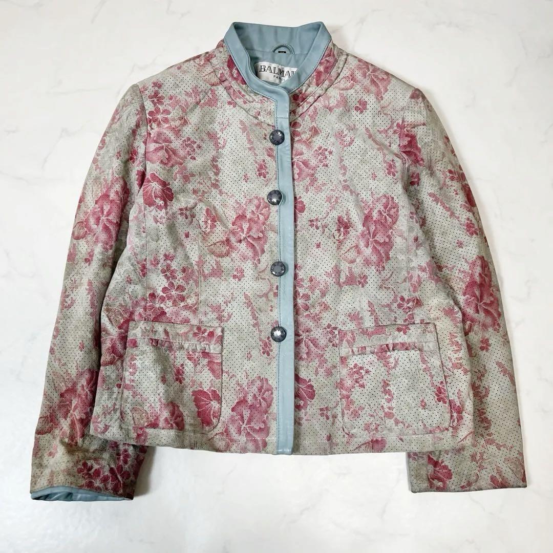 希少 BALMAIN PARIS パンチング 花柄 レザー ジャケット 希少 BALMAIN PARIS パンチング 花柄 レザー ジャケット