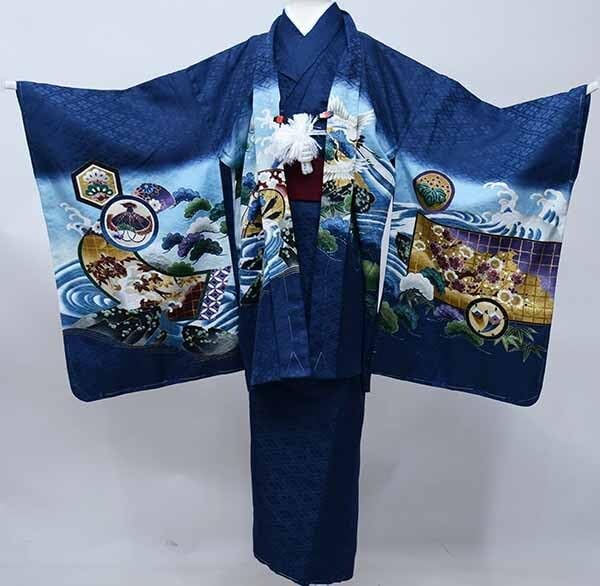七五三 五歳 男児 羽織・着物・襦袢3点セット L寸 金刺繍 綸子地 濃紺地 鷹 七五三 五歳 男児 羽織・着物・襦袢3点セット L寸 綸子地 鷹 鼓