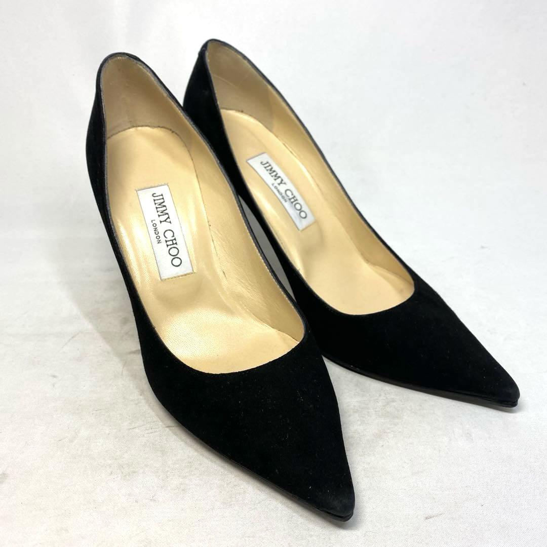 ジミーチュウ　ブラックスエード　ヒール　サイズ表記「37 1/2」23.5-24 JIMMY CHOO ブラック ピンヒール パンプス スエード ストラップ