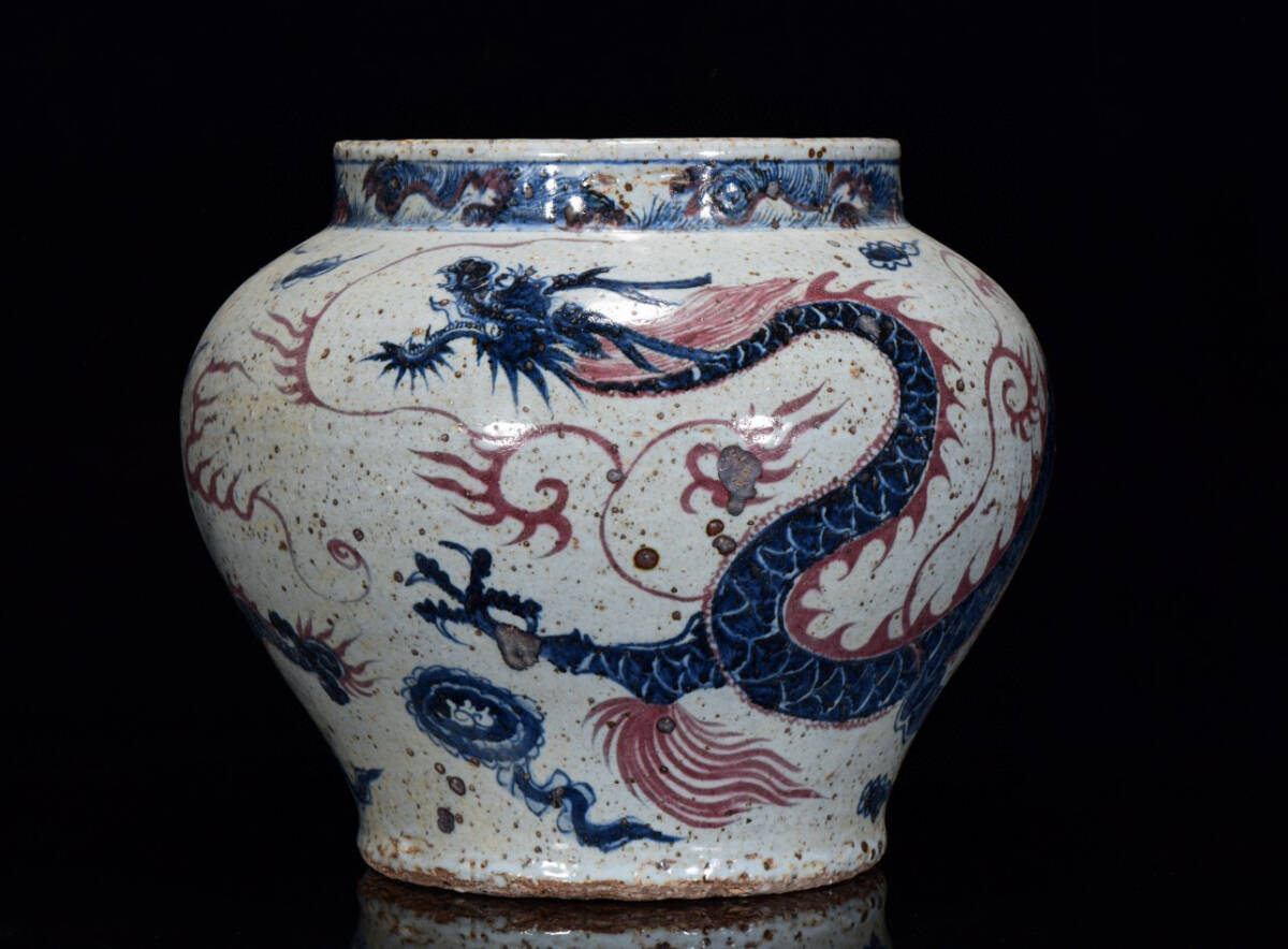 蔵友館蔵品・元・古陶瓷品・青花・釉裡紅・龍紋罐】・希少珍品